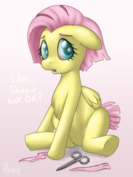 Size: 2700x3600 | Tagged: safe, artist:hirurux, character:fluttershy, alternate hairstyle, chest fluff, haircut, scissors, short hair, short tail