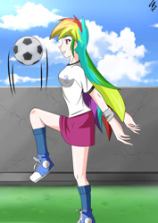 Size: 1024x1448 | Tagged: safe, artist:achaoticdotstar, character:rainbow dash, my little pony:equestria girls, anime, anti-gravity boobs, bouncing, clothing, converse, female, football, generic, human coloration, shiny, shoes, sneakers, socks, solo
