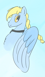 Size: 1050x1800 | Tagged: safe, artist:ononim, oc, oc only, oc:windswept skies, species:pegasus, species:pony, braid, bust, charm, chest fluff, collar, gradient background, lidded eyes, looking back, male, simple background, smiling, solo, spread wings, stallion, wings, yellow eyes