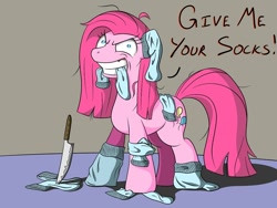 Size: 1000x750 | Tagged: safe, artist:firebrandkun, character:pinkamena diane pie, character:pinkie pie, clothing, evil grin, knife, messy mane, mouth hold, socks