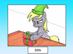 Size: 2813x2083 | Tagged: safe, artist:bbqninja501st, character:derpy hooves, character:rainbow dash, species:pegasus, species:pony, advent calendar, clothing, elf hat, female, hat, mare, present, tongue out, traditional art