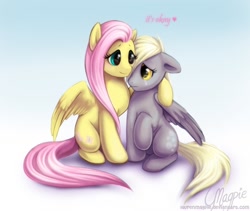 Size: 766x645 | Tagged: safe, artist:laurenmagpie, character:derpy hooves, character:fluttershy, species:pegasus, species:pony, ship:derpyshy, comforting, crying, female, hug, lesbian, mare, shipping