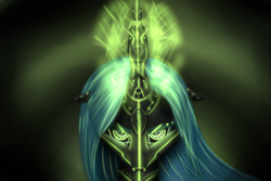 Size: 3000x2000 | Tagged: safe, artist:quefortia, character:queen chrysalis, species:changeling, changeling queen, female, glowing eyes, glowing horn, robot, robot changeling, solo