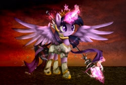Size: 2416x1638 | Tagged: safe, artist:czywko, artist:devanarcher101, character:twilight sparkle, character:twilight sparkle (alicorn), species:alicorn, species:pony, armor, collaboration, crown, dark, digital art, female, glowing horn, jewelry, magic, other dimension, regalia, solo, spread wings, textured background, wings