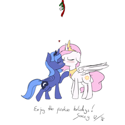 Size: 1831x1841 | Tagged: safe, artist:soccy, character:princess celestia, character:princess luna, species:alicorn, species:pony, ship:princest, blushing, cewestia, cute, female, filly, filly celestia, filly luna, heart, incest, kissing, lesbian, mistletoe, pink-mane celestia, royal sisters, s1 luna, shipping, simple background, white background, woona, younger