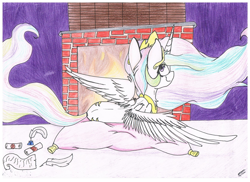 Size: 1024x745 | Tagged: safe, artist:feathershine1, character:princess celestia, both cutie marks, female, fireplace, inkwell, prone, quill, scroll, solo, traditional art