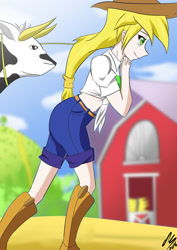 Size: 1024x1448 | Tagged: safe, artist:achaoticdotstar, character:applejack, species:cow, my little pony:equestria girls, ambiguous facial structure, anatomically incorrect, bad anatomy, barn, belly button, boots, clothing, cowboy hat, female, front knot midriff, hat, human coloration, midriff, pulling, shorts, signature, solo, stetson, sweet apple acres