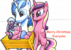 Size: 2338x1638 | Tagged: safe, artist:bbqninja501st, character:princess cadance, character:princess flurry heart, character:shining armor, species:pony, advent calendar, baby, baby flurry heart, baby pony, blue diaper, cute, dawwww, diaper, diapered, diapered filly, family, female, filly, flurrybetes, manger, newborn filly, simple background