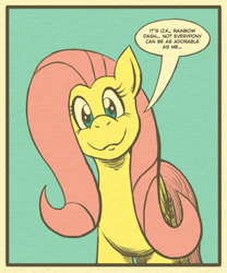 Size: 637x764 | Tagged: safe, artist:regularmouseboy, character:fluttershy, comic, cute, dialogue, female, looking at you, old school, retro, simple background, solo, speech bubble, vintage