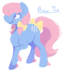 Size: 679x744 | Tagged: safe, artist:bananasmores, character:bowtie (g1), species:earth pony, species:pony, g1, bow, female, freckles, hair bow, looking away, mare, name, raised hoof, simple background, solo, tail bow, white background