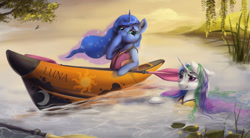 Size: 2708x1500 | Tagged: safe, artist:stasushka, character:princess celestia, character:princess luna, accident, duo, duo female, female, floppy ears, kayak, lidded eyes, lifejacket, lily pad, looking at each other, missing accessory, oar, paddle, river, royal sisters, scenery, sisters, smiling, water, wet, wet mane