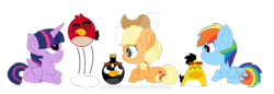 Size: 1024x351 | Tagged: safe, artist:mixelfangirl100, character:applejack, character:rainbow dash, character:twilight sparkle, character:twilight sparkle (alicorn), species:alicorn, species:pony, angry birds, crossed hooves, crossover, ear fluff, eyes closed, jumping, looking up, prone, simple background, smiling, transparent background