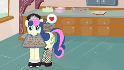 Size: 4859x2733 | Tagged: safe, artist:minimoose772, character:bon bon, character:sweetie drops, species:earth pony, species:pony, bon bon's baking cookies girls, clothing, cookie, female, fishnets, heart, maid, mare, mouth hold, pictogram, solo