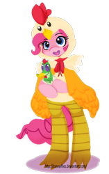 Size: 602x960 | Tagged: safe, artist:zsnowfilez, character:gummy, character:pinkie pie, species:pony, animal costume, bipedal, chicken pie, chicken suit, clothing, costume, looking at you, nightmare night costume, open mouth, simple background, smiling, transparent background