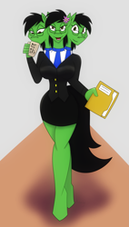 Size: 1517x2667 | Tagged: safe, artist:b-cacto, artist:vladiverse, oc, oc only, oc:prickly pears, species:anthro, species:earth pony, species:pony, species:unguligrade anthro, anthro oc, bedroom eyes, big breasts, breasts, business suit, coffee mug, conjoined, conjoined triplets, curvy, documents, female, file, flower in hair, glasses, hips, hourglass figure, multiple heads, solo, three heads, triple header, wide hips
