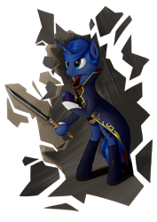 Size: 2893x4092 | Tagged: safe, artist:koshakevich, character:princess luna, species:alicorn, species:pony, g4, absurd resolution, clothing, crossover, dishonored, emily kaldwin, female, hoof hold, solo, sword, weapon