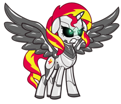 Size: 1765x1512 | Tagged: safe, artist:vladiverse, edit, character:sunset shimmer, species:alicorn, species:pony, episode:twilight's kingdom, g4, my little pony: friendship is magic, alicornified, angry, female, manip, race swap, robot, robot pony, roboticization, shimmerbot, shimmercorn, shiny, simple background, solo, spread wings, white background, wings