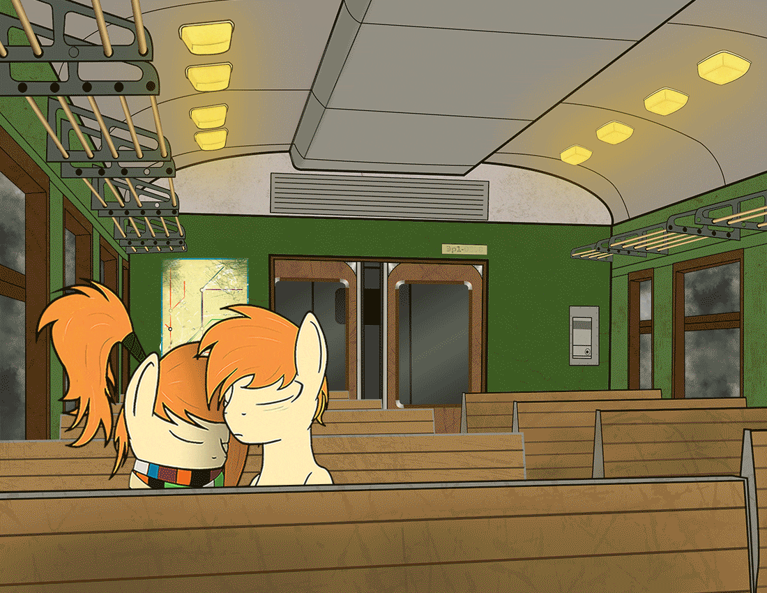 Size: 1100x850 | Tagged: safe, artist:subway777, oc, oc only, oc:rave muller, oc:ray muller, species:pegasus, species:pony, animated, brother and sister, cinemagraph, clothing, gif, hug, night, russian, scarf, sitting, sleeping, train, winter