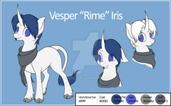 Size: 1024x634 | Tagged: safe, artist:ethaes, community related, oc, oc only, oc:vesper iris, species:classical unicorn, species:pony, species:unicorn, them's fightin' herds, blue hair, clothing, cloven hooves, curved horn, leonine tail, reference sheet, scarf, soul patch, tfh oc, unshorn fetlocks, watermark, white hair