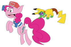 Size: 2743x1828 | Tagged: safe, artist:supercoco142, character:gummy, character:pinkie pie, ash ketchum, clothing, cosplay, costume, crossover, pikachu, pokémon, simple background, transparent background