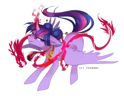 Size: 1024x800 | Tagged: safe, artist:naminzo, character:twilight sparkle, character:twilight sparkle (alicorn), species:alicorn, species:pony, alternate hairstyle, dark magic, evil, evil grin, female, grin, jewelry, looking at you, magic, peytral, signature, simple background, smiling, solo