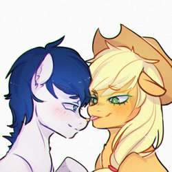 Size: 1386x1387 | Tagged: safe, artist:co11on-art, character:applejack, oc, oc:constance everheart, blushing, canon x oc, everjack, shipping, tongue out