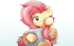 Size: 4444x2736 | Tagged: safe, artist:ando, character:fluttershy, absurd resolution, bed mane, cute, female, gradient background, morning ponies, one eye closed, pillow, shyabetes, solo