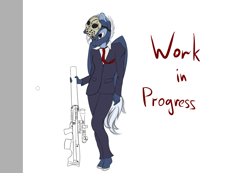 Size: 1060x733 | Tagged: safe, artist:syntiset, edit, oc, oc only, oc:ginny, species:anthro, species:pegasus, species:pony, anthro oc, clothing, gun, mask, necktie, payday, rifle, solo, suit, vks, vssk «exhaust», weapon, wip