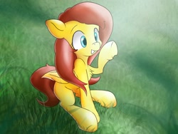 Size: 3027x2272 | Tagged: safe, artist:ando, character:fluttershy, species:pony, cheek fluff, chest fluff, colored pupils, crepuscular rays, cute, female, field, grass, raised hoof, shyabetes, sitting, smiling, solo, sunlight, underhoof
