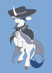 Size: 1024x1427 | Tagged: safe, artist:ethaes, community related, oc, oc only, oc:vesper iris, species:classical unicorn, species:pony, species:unicorn, them's fightin' herds, amulet, blue hair, cloak, clothing, cloven hooves, cowl, curved horn, hat, leonine tail, scarf, simple background, solo, tfh oc, unshorn fetlocks