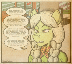 Size: 1200x1063 | Tagged: safe, artist:regularmouseboy, character:apple rose, character:granny smith, species:anthro, species:earth pony, species:pony, alternate universe, angry, annoyed, badass, car, cigarette, comic, dialogue, frustrated, memories, ponyville, rebel, rebellious teen, redrawn, remake, smoke, smoking, southern, speech bubble, street, vintage, world war ii, young granny smith