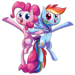 Size: 2743x2743 | Tagged: safe, artist:supercoco142, character:pinkie pie, character:rainbow dash, species:pony, duo, high res, holding hooves, midair, open mouth, simple background, smiling, transparent background