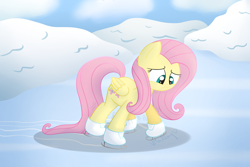Size: 3000x2000 | Tagged: safe, artist:vcm1824, character:fluttershy, species:pegasus, species:pony, cute, female, folded wings, ice, looking down, nervous, shaking, shyabetes, skates, skating, snow, solo