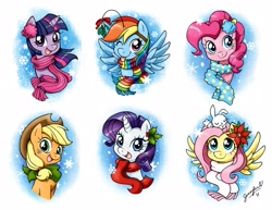 Size: 3300x2550 | Tagged: safe, artist:chibi-jen-hen, character:angel bunny, character:applejack, character:fluttershy, character:pinkie pie, character:rainbow dash, character:rarity, character:twilight sparkle, bow, clothing, earmuffs, holly, mane six, mistletoe, pet, poinsettia, scarf, snow, snowfall, snowflake, tongue out, wink