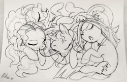 Size: 1280x822 | Tagged: safe, artist:heilos, character:adagio dazzle, character:aria blaze, character:sonata dusk, character:sunset shimmer, species:pony, my little pony:equestria girls, cute, equestria girls ponified, ponified, pony pile, sketch, sleeping, the dazzlings