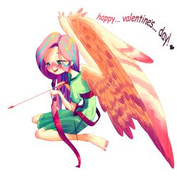 Size: 1920x1920 | Tagged: safe, artist:halem1991, character:fluttershy, my little pony:equestria girls, arrow, barefoot, big wings, blue streak, blushing, bow (weapon), bow and arrow, clothing, colored pupils, cupid, dress, eye clipping through hair, eyelashes, feet, female, heart, heart eyes, kneeling, lidded eyes, open mouth, simple background, smiling, solo, spread wings, text, transparent background, valentine's day, weapon, wing fluff, wingding eyes, winged humanization, wings