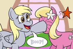 Size: 1800x1200 | Tagged: safe, artist:regularmouseboy, character:derpy hooves, character:lily, character:lily valley, species:earth pony, species:pegasus, species:pony, boop, dialogue, flower, flower in hair, open mouth, ponyville, punch, smiling, speech bubble