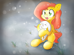 Size: 3158x2344 | Tagged: safe, artist:ando, character:angel bunny, character:fluttershy, species:pegasus, species:pony, amazed, cute, duo, grass, happy, holding, open mouth, shyabetes, sitting, snow, snowfall