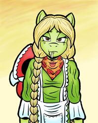 Size: 950x1200 | Tagged: safe, artist:regularmouseboy, character:apple bloom, character:applejack, character:big mcintosh, character:granny smith, species:anthro, apple family, bad girl, blazing conflict, bonnet, cigarette, clothing, comic style, dress, freckles, male, painting, scarf, solo, texture, young granny smith, younger