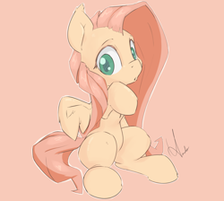 Size: 2256x2019 | Tagged: safe, artist:ando, character:fluttershy, species:pony, colored pupils, cute, ear fluff, female, haunches, looking at you, looking sideways, open mouth, pink background, raised hoof, shyabetes, signature, simple background, sitting, solo, spread wings, wing fluff, wings