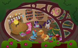 Size: 2560x1600 | Tagged: safe, artist:capt-nemo, character:applejack, character:fluttershy, character:pinkie pie, character:rainbow dash, character:rarity, character:spike, character:twilight sparkle, book, candle, christmas, christmas tree, clock, eyes closed, fire, fireplace, golden oaks library, inside, interior, library, magic, mane seven, mane six, mouth hold, present, sleeping, telekinesis, tree, window