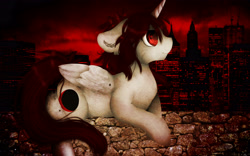 Size: 3840x2400 | Tagged: safe, artist:czywko, oc, oc only, oc:shadow mecha, species:pony, species:unicorn, city, hope, night, prosthetic wing, red, red eyes, red sky, solo, stone, stone wall, textured background, wall