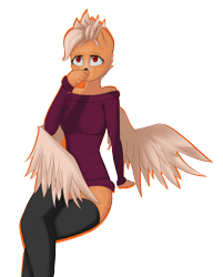 Size: 2155x2686 | Tagged: safe, artist:owlnon, oc, oc only, oc:ruby rustfeather, species:anthro, clothing, crossed legs, simple background, solo, stockings, sweater, thigh highs, transparent background, wings
