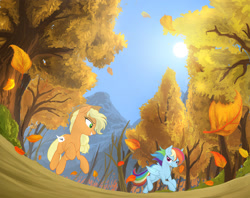 Size: 1500x1187 | Tagged: safe, artist:jaeneth, character:applejack, character:rainbow dash, species:earth pony, species:pegasus, species:pony, episode:fall weather friends, g4, my little pony: friendship is magic, autumn, duo, female, forest, grin, leaves, mare, mountain, number, running, running of the leaves, scene interpretation, smiling, tree