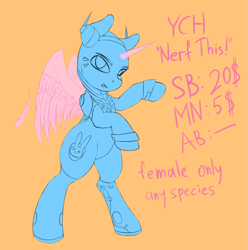 Size: 1277x1288 | Tagged: safe, artist:syntiset, edit, species:alicorn, species:earth pony, species:pegasus, species:pony, species:unicorn, advertisement, commission, crossover, d.va, overwatch, sketch, solo, your character here