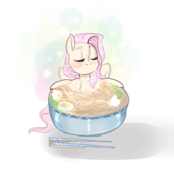 Size: 800x800 | Tagged: safe, artist:zakkurro, character:fluttershy, species:pony, bath, bust, chest fluff, chopsticks, cup, cup of pony, enjoying, eyebrows, eyes closed, female, food, hot, micro, noodles, ponies in food, ramen, solo, stray strand