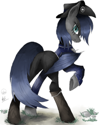 Size: 557x703 | Tagged: safe, artist:eve99, artist:silviawing, oc, oc only, oc:silvia rhea wing, species:bat pony, species:pony, clothing, collaboration, looking back, nightpony, officer, pants, plot, simple background, solo, white background
