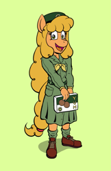 Size: 777x1200 | Tagged: safe, artist:regularmouseboy, oc, oc only, oc:caramel lantern, species:anthro, species:earth pony, species:pony, 20th century, beret, blazing conflict, clothing, cookie box, cousin, cute, dress, generic pose, girl scout, looking at you, open mouth, scout, scout uniform, shoes, smiling, solo, tomboy, vintage