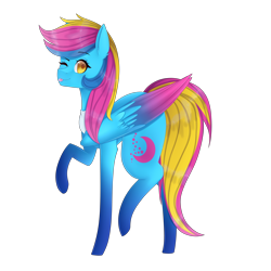 Size: 3000x3000 | Tagged: safe, artist:bonniebatman, oc, oc only, species:pegasus, species:pony, colored wings, female, high res, mare, multicolored wings, one eye closed, raised hoof, raised leg, simple background, solo, tongue out, transparent background, wink