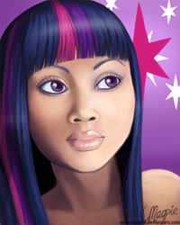 Size: 600x750 | Tagged: safe, artist:laurenmagpie, character:twilight sparkle, species:human, female, humanized, moderate dark skin, solo, uncanny valley